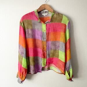 BUYKUD 100% Ramie Funky Patchwork Uneven Button Down Blouse women's size large